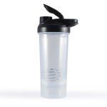 A drink bottle designed for protein shakes, featuring a clear container with a black lid and a metal mixing ball inside.