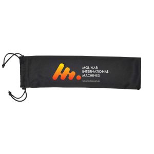 A black microfiber drawstring pouch featuring the logo of Molinar International Machines.