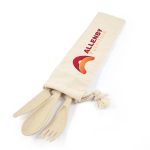 A cutlery set in a calico pouch featuring a logo. The set includes a knife, fork, and spoon.