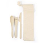 A cutlery set including a spoon, fork, and knife, packaged in a beige calico pouch.