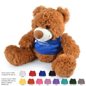 A brown plush teddy bear wearing a blue shirt, sitting next to a color palette of shirt options.