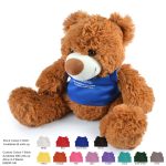 A brown plush teddy bear wearing a blue shirt, sitting next to a color palette of shirt options.