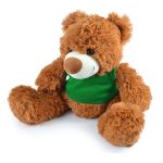 A plush teddy bear with a fluffy brown coat wearing a green vest, featuring a round nose and sweet expression.