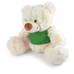 A plush teddy bear in white with a green vest, featuring soft fur and a friendly face.