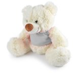 A plush teddy bear in cream color with a light pink vest and brown nose, featuring a soft, cuddly appearance.