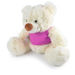 A plush teddy bear in cream with a brown nose, wearing a pink shirt, features a rounded shape and soft texture.