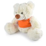 A plush teddy bear with a creamy white color and an orange shirt, featuring soft, fluffy fur and a friendly expression.