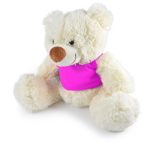 A plush teddy bear in cream with a pink shirt, featuring soft fur and a friendly expression.