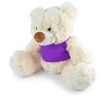 A Coconut Plush Teddy Bear with a soft, fluffy cream-colored fur and a purple shirt.