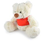 A plush teddy bear with a soft, fluffy white exterior and a brown nose, wearing a bright red shirt.