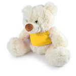 A plush teddy bear with a soft, white fluffy body and a brown nose, wearing a bright yellow vest.