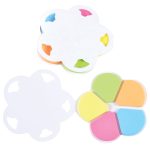 A flower-shaped set of sticky notes in pastel colors: orange, pink, green, and yellow, with a white holder.