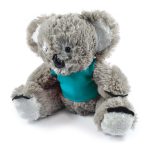 A plush toy koala with soft fur, wearing a teal shirt.