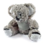 A plush koala toy in gray with a soft body and black accents, featuring a logo on its shirt.