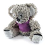 A plush toy koala with gray fur, wearing a purple shirt.