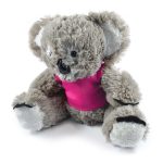 A plush koala toy with a fluffy gray body and a bright pink shirt, designed for fun and games.