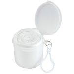 A white Storm Poncho packed in a convenient container with a removable lid and attached clip for easy carrying.