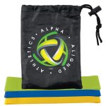 A drawstring pouch with a logo, containing three resistance bands in green, yellow, and blue.