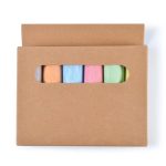 A box containing five pieces of colorful sidewalk chalk in pastel shades: pink, blue, green, orange, and yellow.