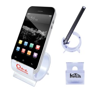 A clear phone holder with a smartphone mounted on it, featuring a visible logo.