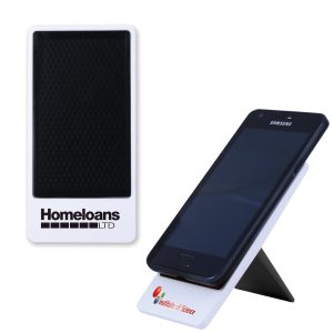 A smartphone holder in black and white, with a sleek design, featuring a logo on the base.