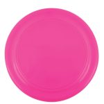 A pink frisbee with a smooth surface and a circular shape.