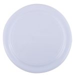 A white plastic plate with a smooth surface and subtle rim detail.
