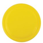 A bright yellow frisbee featuring a smooth, rounded surface.