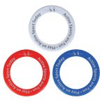 Three colorful donut-shaped flyers in red, blue, and white, each featuring the text "Active Sport Today."
