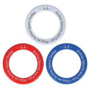 Three colorful donut-shaped flyers in red, blue, and white, each featuring the text "Active Sport Today."