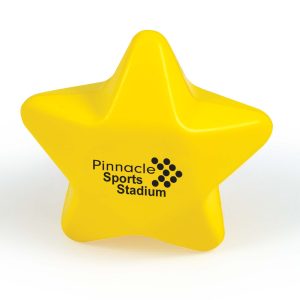 A yellow star-shaped stress reliever with "Pinnacle Sports Stadium" printed on it.