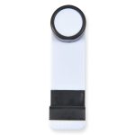 A car vent phone holder with a sleek white design and a black clip section for attaching to a vent.
