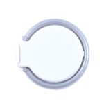 A circular phone grip and stand in white and gray, featuring a logo.