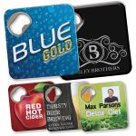 A variety of bottle openers and coasters in colors like blue, black, red, and green, featuring different designs and logos.