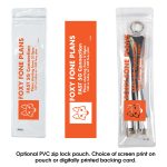 A zip lock pouch containing charging cables, featuring an orange design and a keyring attachment.