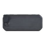 A water-resistant speaker with a rugged design, featuring ports for connectivity.