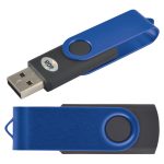 A swivel USB flash drive featuring a blue and black design, with a rotating cover for easy access to the USB connector.