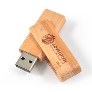 A Bamboo USB flash drive featuring a sleek design with a wooden exterior and engraved logo.