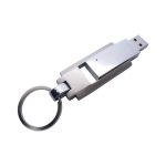A silver flash drive with a keyring attachment and a sleek design.