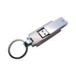 A silver flash drive with a keyring attachment, featuring a sleek design and a shiny finish.
