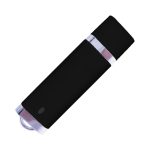 A black flash drive with a sleek design and a metallic accent, featuring a circular attachment point.