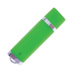 A green flash drive with a silver band and a loop for attachment. It features a logo on its surface.