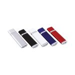 A collection of five flash drives in silver, black, white, blue, and red, featuring a sleek design with a logo.