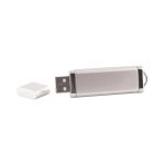 A silver flash drive with a removable cap, featuring a sleek and modern design.