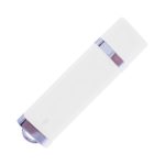 A white flash drive with a metallic silver band and a circular attachment loop, featuring a logo.