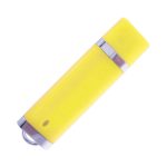 A bright yellow flash drive with a silver band and a keyring attachment. It features a logo.