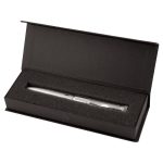 A sleek silver USB pen in a black presentation box with a foam insert. The pen has a logo on its surface.
