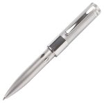 A silver USB pen, featuring a sleek design and a clip, with a logo on the body.