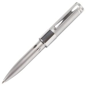 A silver USB pen, featuring a sleek design and a clip, with a logo on the body.