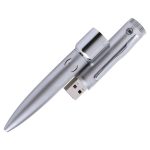 A silver USB pen with a sleek design, featuring a removable cap and a clip for easy attachment. It has a branding logo.